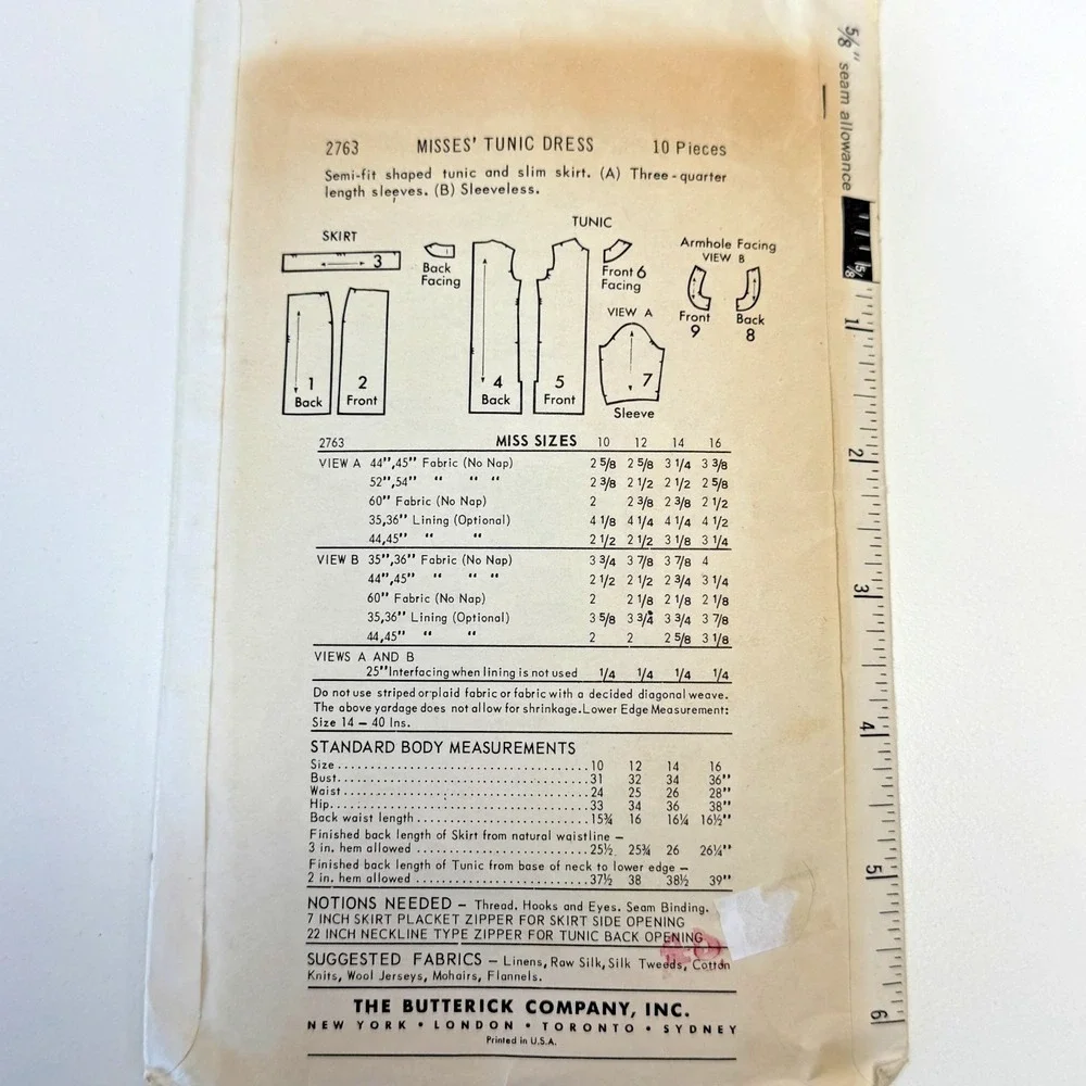 BUTTERICK 2763 Sewing Semi-fit Tunic & Skirt‎ Pattern Sz 10 Boutique Cut 1950's